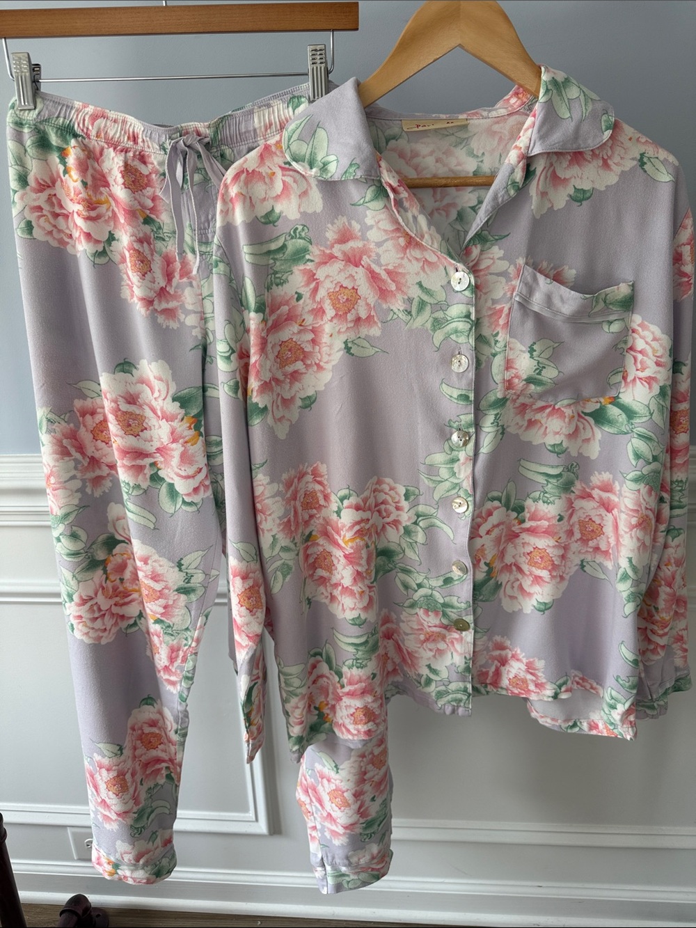 Papinelle Ava Lavender Floral Peony Button Front Long Sleeve Pajama Set L Large